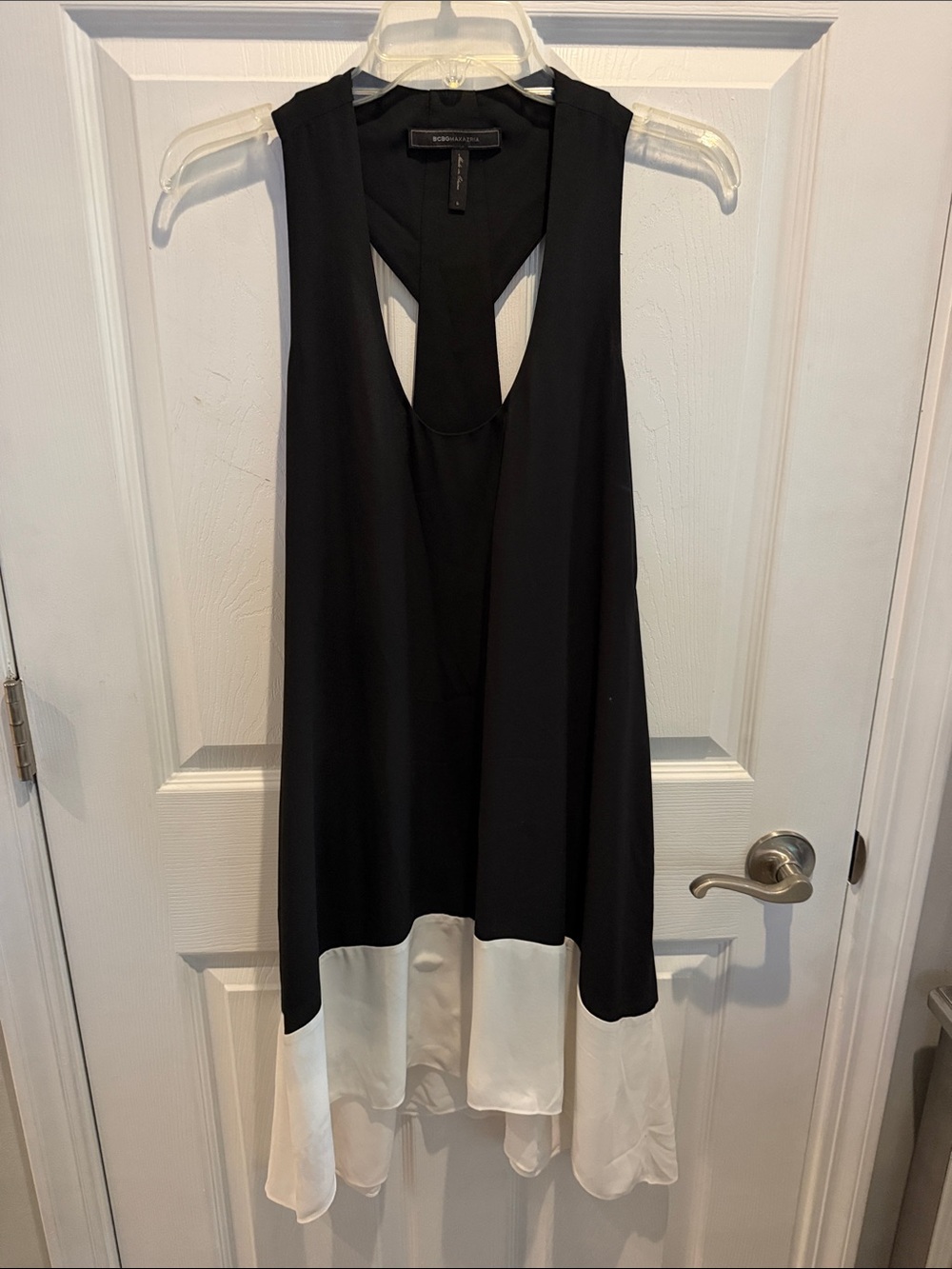 BCBGMaxAzria Black and White Sleeveless Midi Colorblock Dress